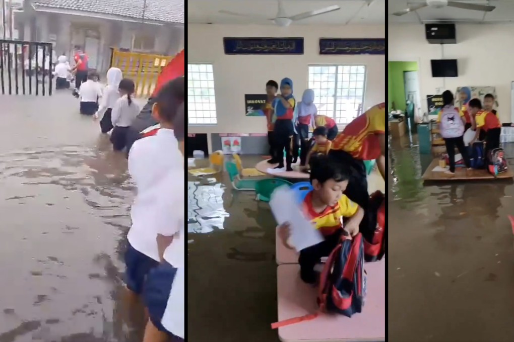 Students at schools in Selangor’s Lembah Keramat (left) and Taman Melawati (middle and right) fend for themselves to deal with flooding on October 15, 2024. Photo: X/NewsBFM, OwToTheZie