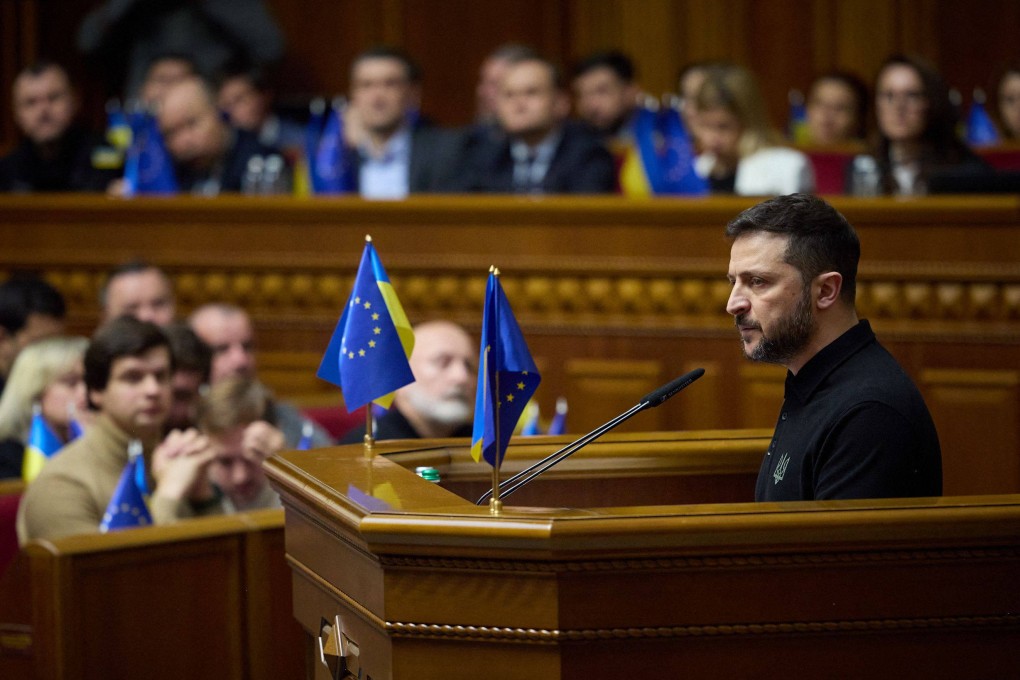 Ukraine’s President Volodymyr Zelensky addresses members of the Ukrainian parliament in Kyiv. His victory plan has five main points that relied on Kyiv’s allies, including an unconditional invite to join Nato and specific weapons support. Photo: AFP