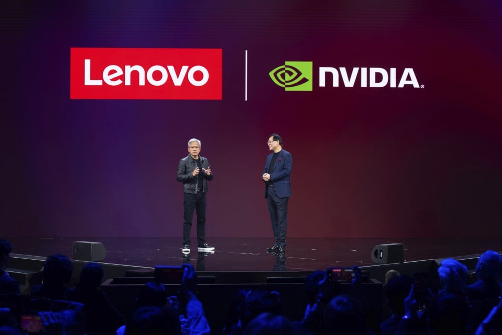 Lenovo CEO Yuanqing Yang (right) with Nvidia CEO Jensen Huang, at the Lenovo Tech World event in Seattle, Oct.15, 2024. Photo: Lenovo via AP