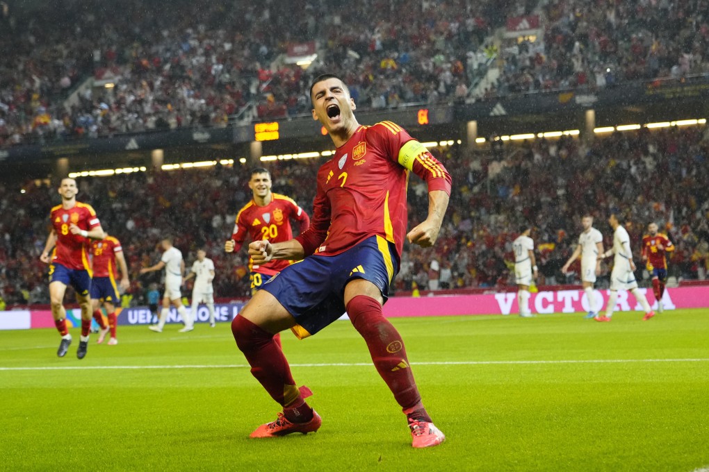 Spain’s Alvaro Morata celebrates after scoring his side’s second goal against Serbia at the Nuevo El Arcangel Stadium in Cordoba. Photo: AP