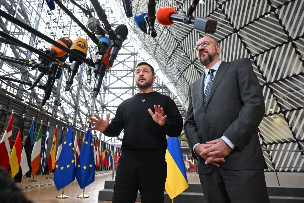 European Council President Charles Michel (right) and Ukraine’s President Volodymyr Zelensky speak to media ahead of the EU summit in Brussels. Photo: Sierakowski Frederic/EU Council/dpa