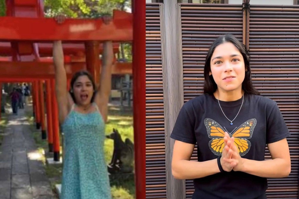 Left: A screenshot of the video posted by Marimar Perez showing her performing pull-ups on a torii gate outside a shrine in Hokkaido. Right: A screenshot of Perez apologizing to the Japanese for her actions. Photos: Instagram / mmgymsisters