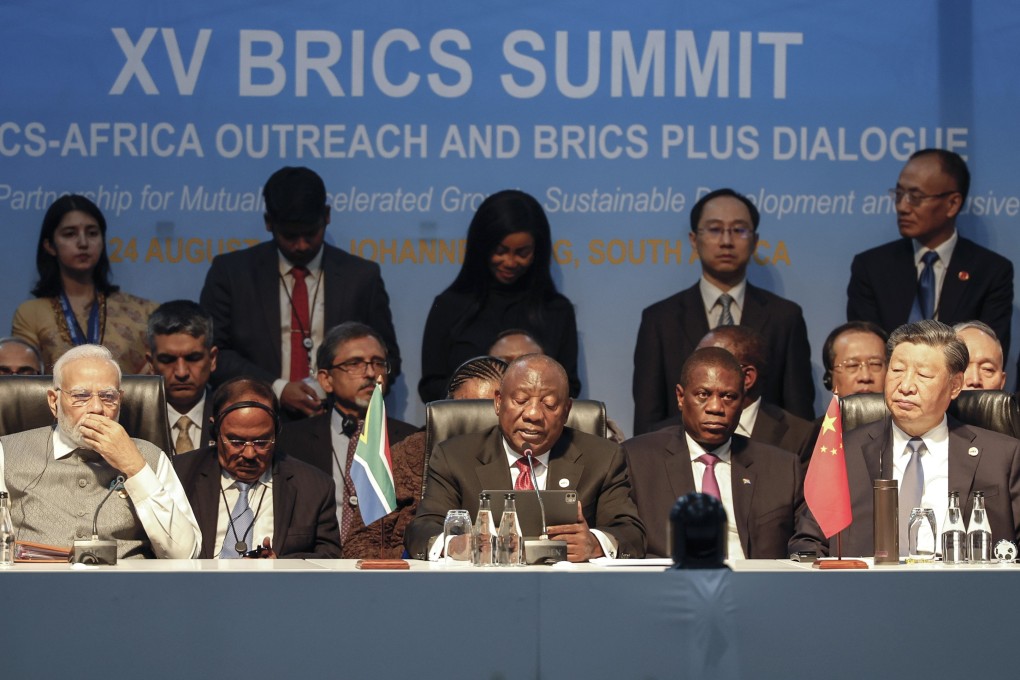 (From front left) Indian Prime Minister Narendra Modi, South African President Cyril Ramaphosa and Chinese President Xi Jinping attend a meeting during the 15th Brics Summit in Johannesburg, South Africa, on August 24, 2023. This year’s Brics summit will be the first since the grouping welcomed four new members. Photo: EPA-EFE