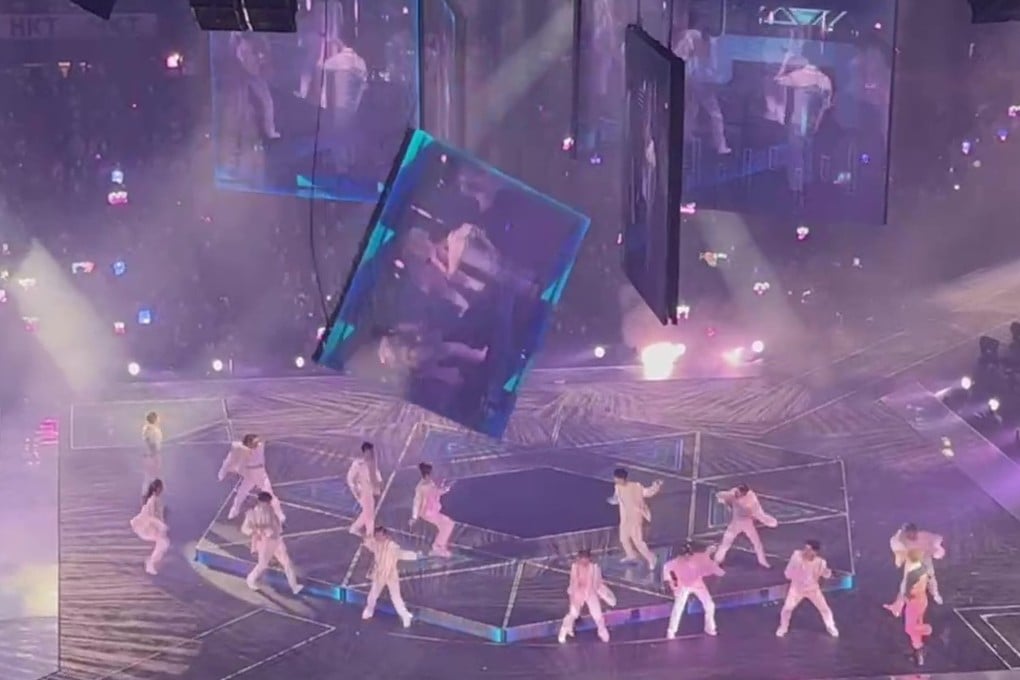 A giant LED screen falls into the stage at a Mirror concert at the Hong Kong Coliseum on July 28, 2022. Photo: Handout