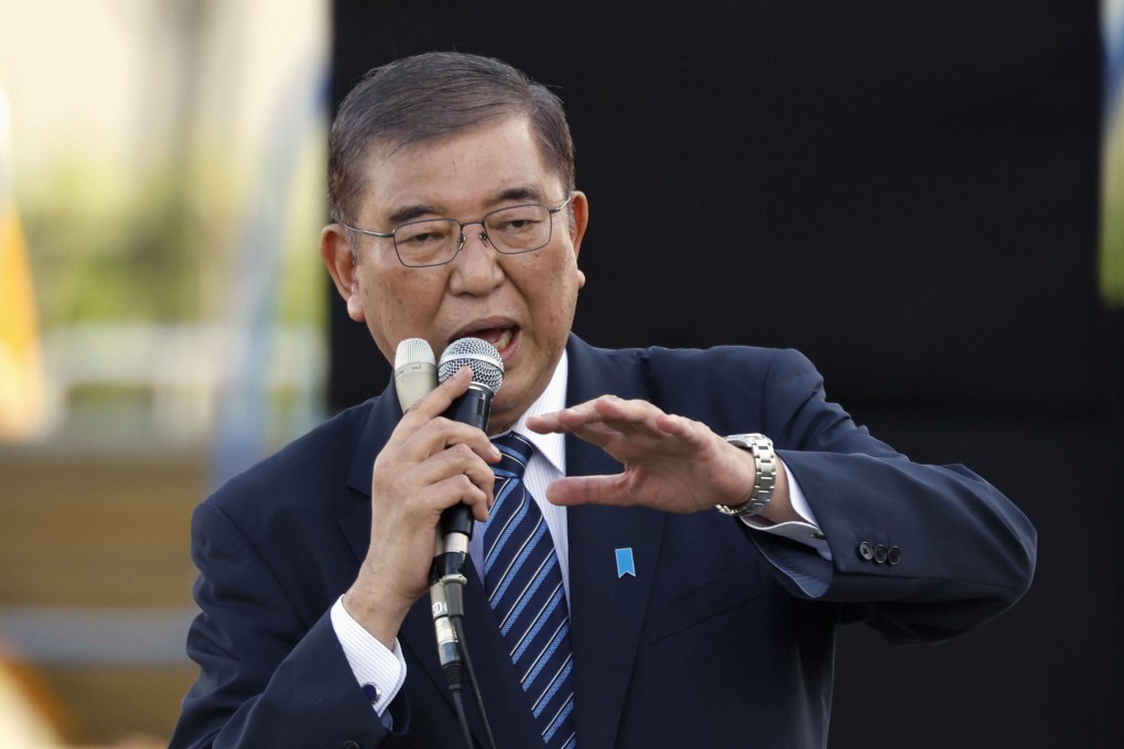 Japanese Prime Minister Shigeru Ishiba makes a stump speech on Thursday ahead of the October 27 general election. Photo: Kyodo