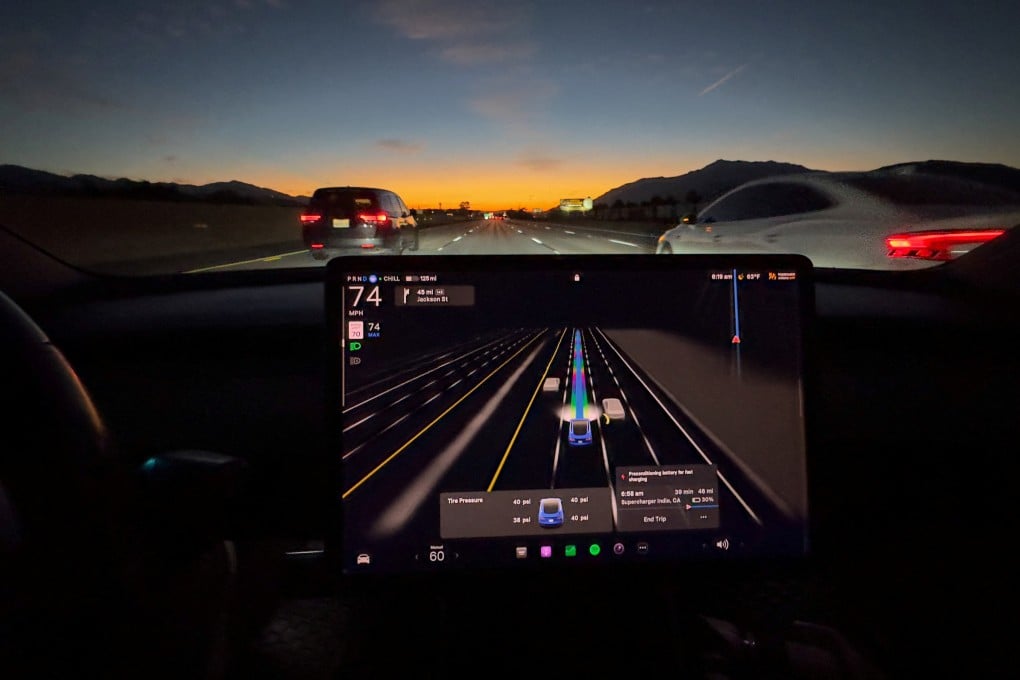 A Tesla Model 3 using the full self-driving autopilot feature on a highway in California on October 12. Photo: Reuters