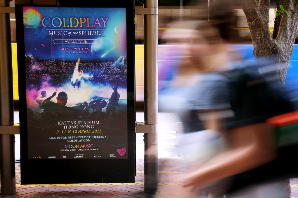 A poster advertising Coldplay’s concert dates in Hong Kong are seen at a bus stop in Admiralty district on October 7. Photo: Elson Li