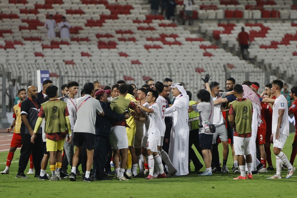 Bahrain and Indonesia players clash after the match at the Bahrain National Stadium last week. Photo: Reuters