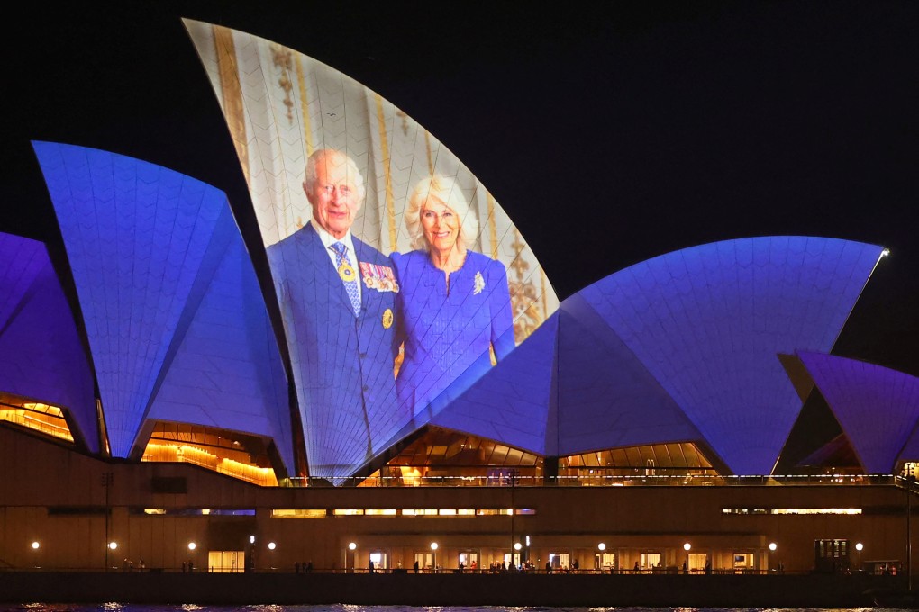 An image of Britain’s King Charles and Queen Camilla is projected onto Sydney Opera House on Friday. Photo: Reuters