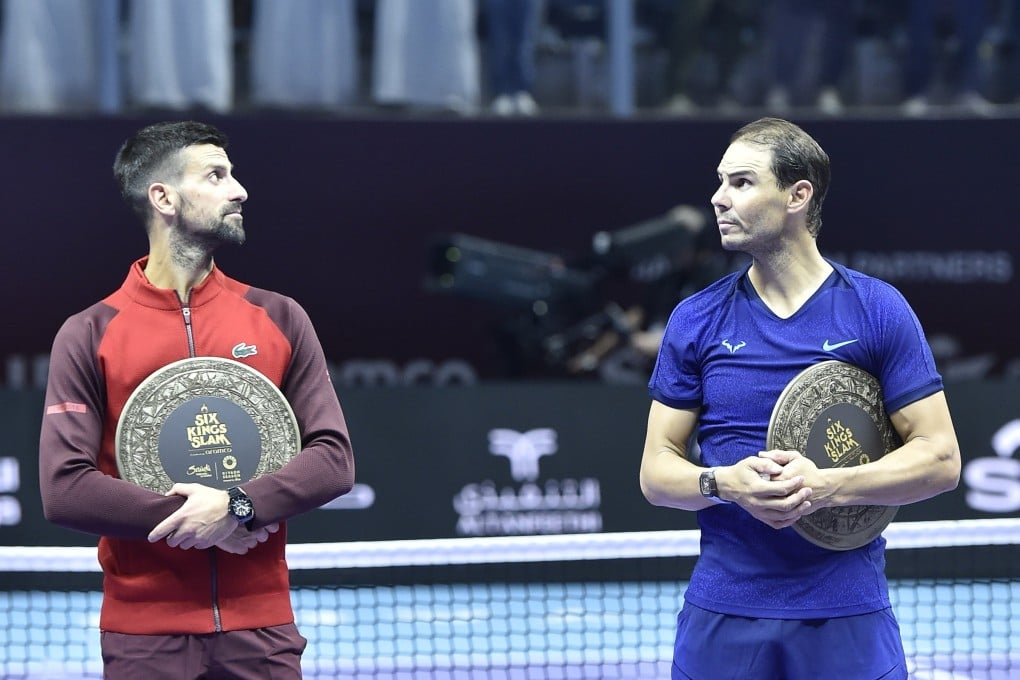 Novak Djokovic and Rafel Nadal with their third and fourth-place trophies after meeting at the “Six Kings Slam” exhibition in Saudi Arabia. Photo: EPA