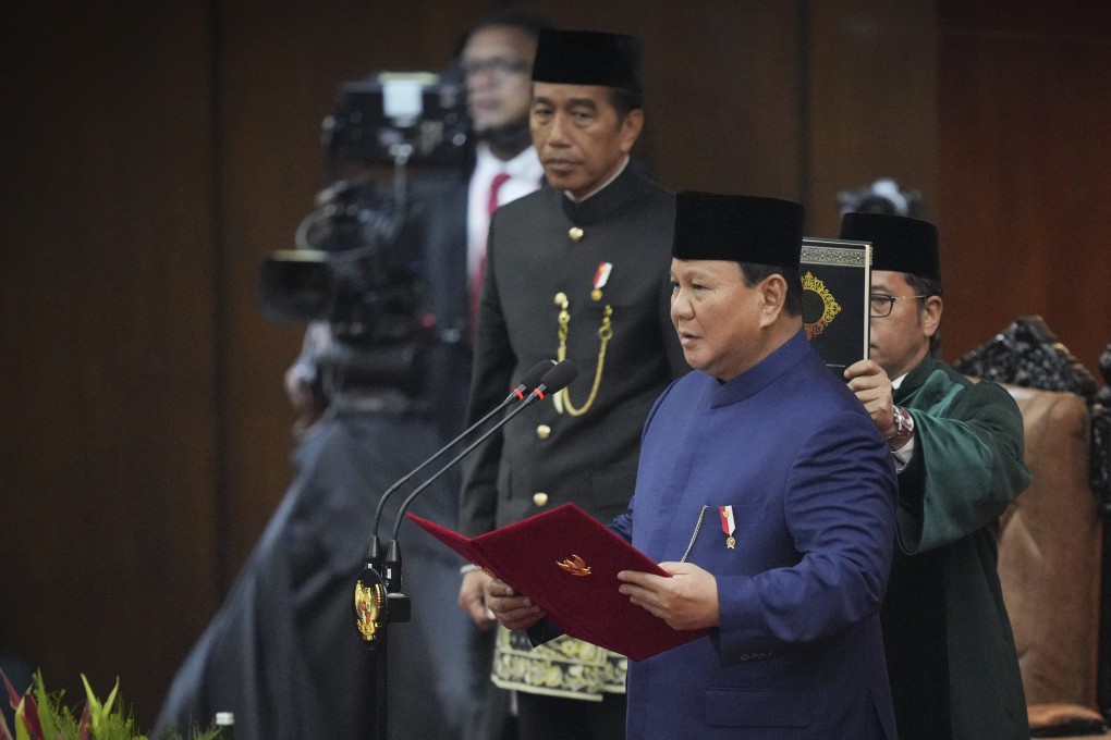 Indonesian President Prabowo Subianto takes the oath at the parliament building in Jakarta on Sunday. Photo: AP