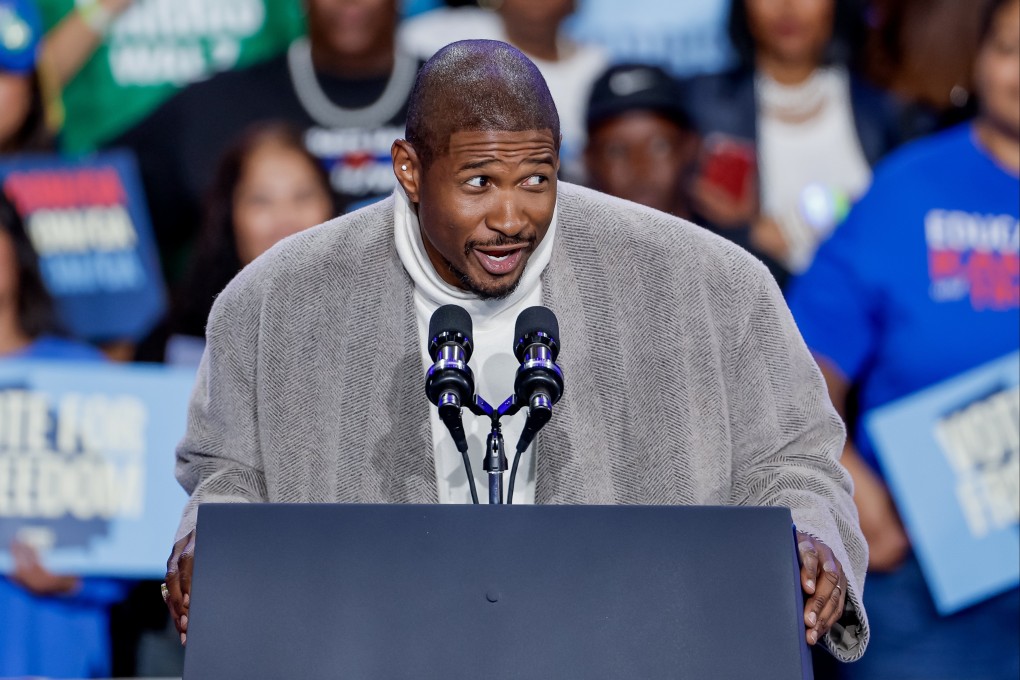 US singer Usher speaks in support of Democratic presidential nominee Kamala Harris at a campaign rally in Atlanta, Georgia, on Saturday. Photo: EPA-EFE
