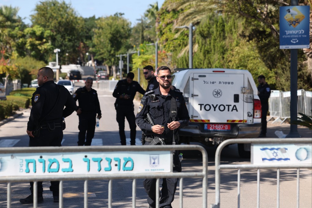 Police are seen at the site of a drone attack in Caesarea, Israel, on Saturday. Photo: EPA-EFE