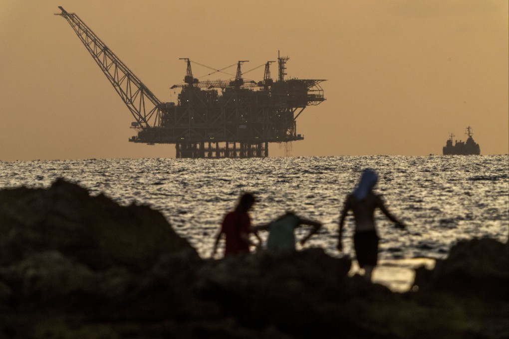 An oil platform in Israel’s offshore Leviathan gas field is seen while an Israeli navy vessel patrols the Mediterranean Sea, Israel. Photo: AP