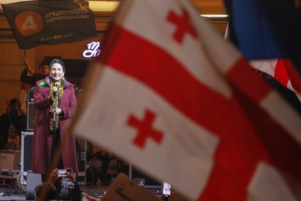 Georgian President Salome Zourabichvili speaks at the pro-Europe rally in Tbilisi. Photo: EPA-EFE