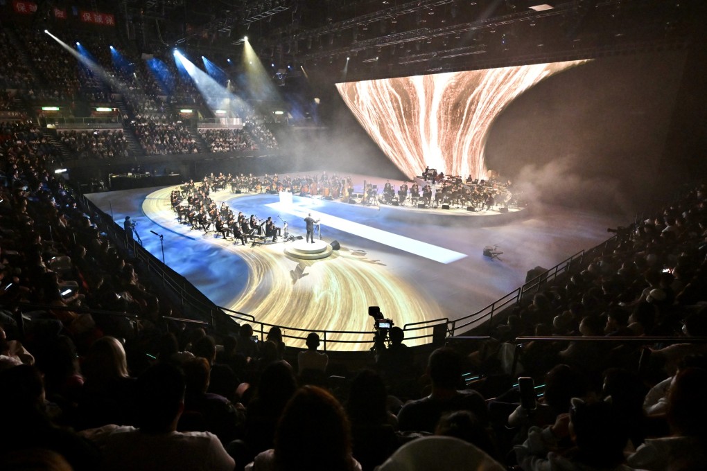 Tan Dun’s multimedia spectacle Sound River performed at the Hong Kong Coliseum with the Chinese composer conducting players from four symphony orchestras. Photo: LCSD