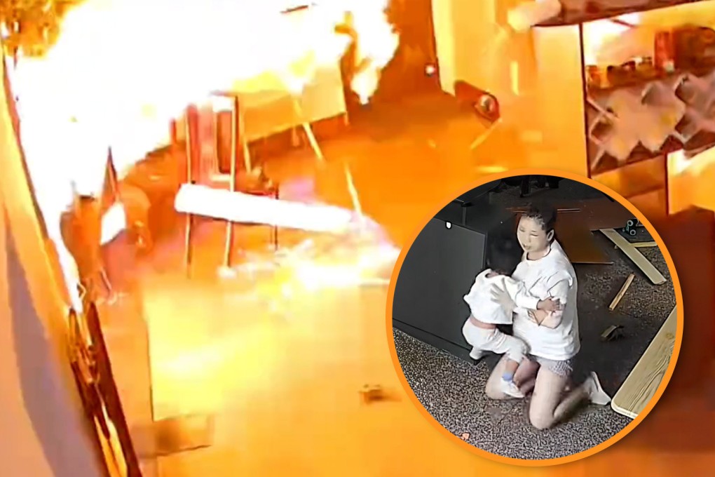 Shocked millions watch a video in shock as a badly burned mother screams in pain from a kitchen blast while protecting her toddler son. Photo: SCMP composite/Douyin