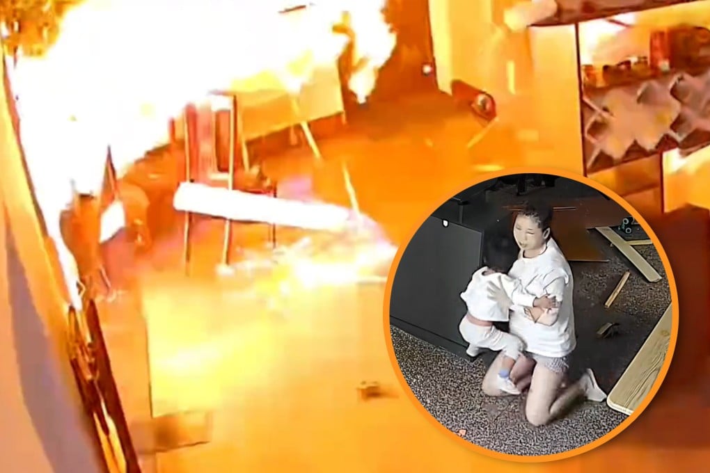 Shocked millions watch a video in shock as a badly burned mother screams in pain from a kitchen blast while protecting her toddler son. Photo: SCMP composite/Douyin