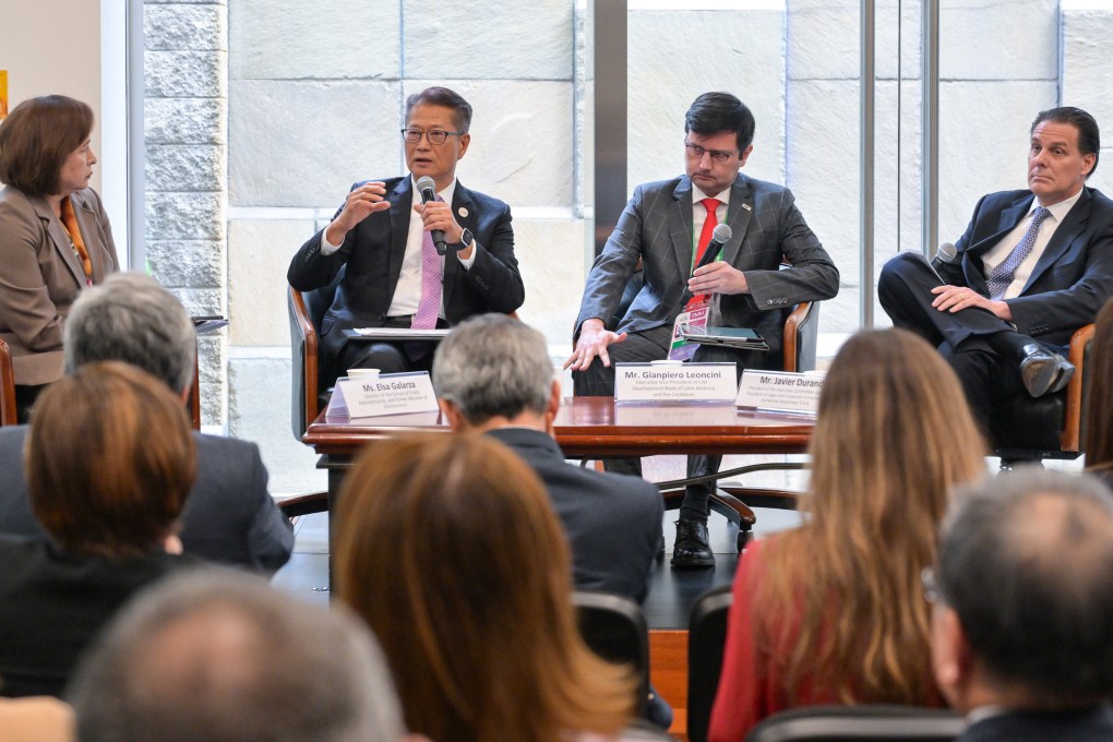 Financial Secretary Paul Chan (second from left) also discussed the city’s digitalisation of financial services during the meeting. Photo: Handout