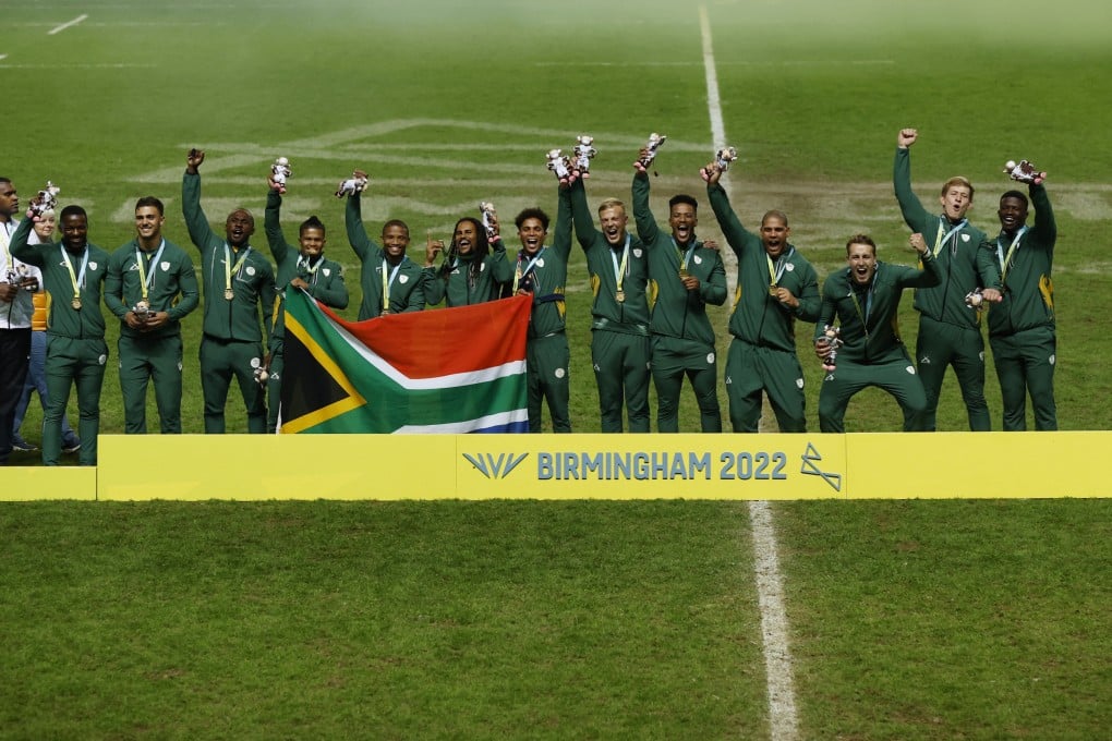 South Africa celebrate their 2022 Commonwealth Games gold medal win in rugby 7s, but the sport will not held in Glasgow. Photo: Reuters