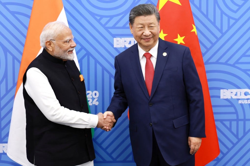 Chinese President Xi Jinping and Indian Prime Minister Narendra Modi on the sidelines of the Brics summit in Kazan, Russia, on Wednesday. Photo: China Daily via Reuters