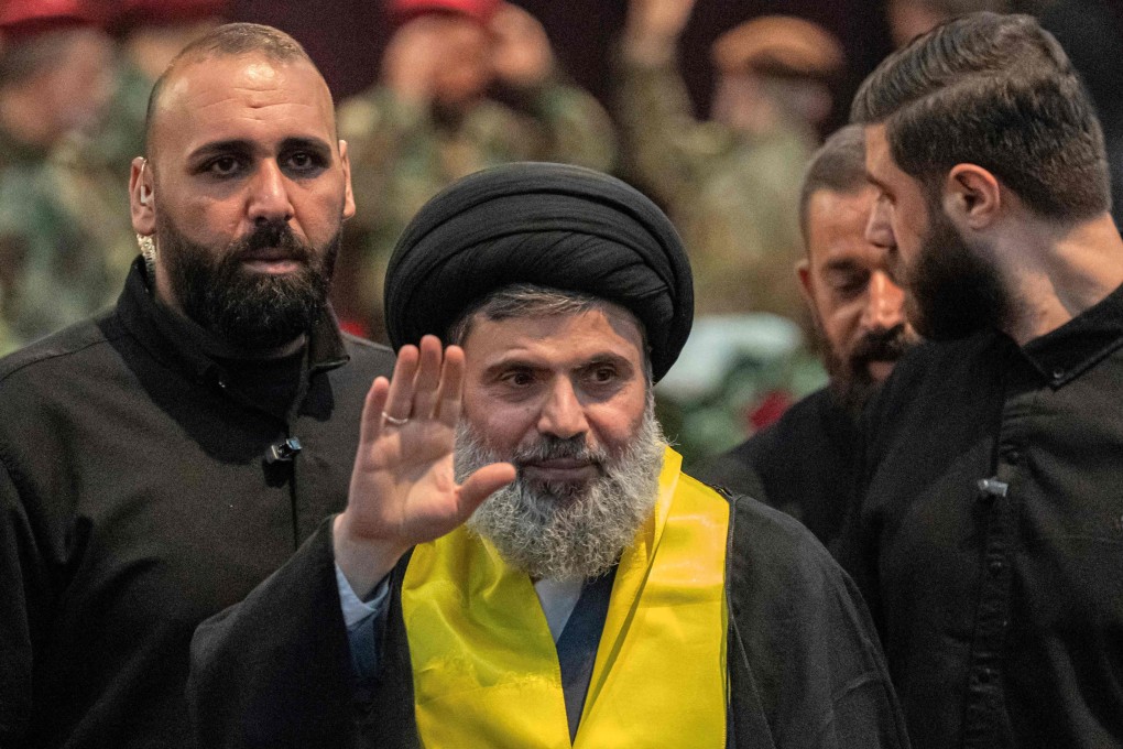 Senior Hezbollah official Hashem Safieddine (centre) attends the funeral ceremony of slain top commander Fuad Shukr in Beirut’s southern suburbs in August. Photo: AFP
