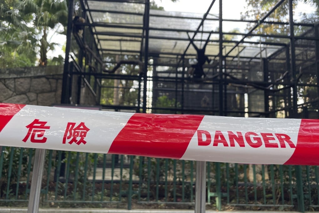 A cordon is seen at the monkey enclosures of
the Hong Kong Zoological and Botanical Gardens on October 15. Photo: AP