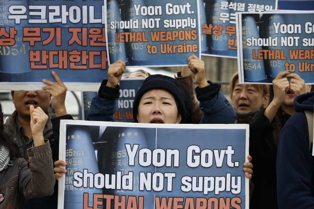 Members of Workers’ Solidarity protest in Seoul on Wednesday against South Korea’s plan to supply lethal weapons to Ukraine. Photo: EPA-EFE