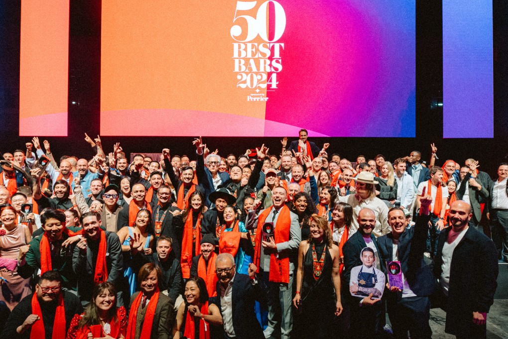 Representatives of bars that made The World’s 50 Best Bars 2024 list celebrate at the award ceremony in Madrid, Spain. Taking second place as a new entry to the list is one Hong Kong spot. Photo: World’s 50 Best Bars