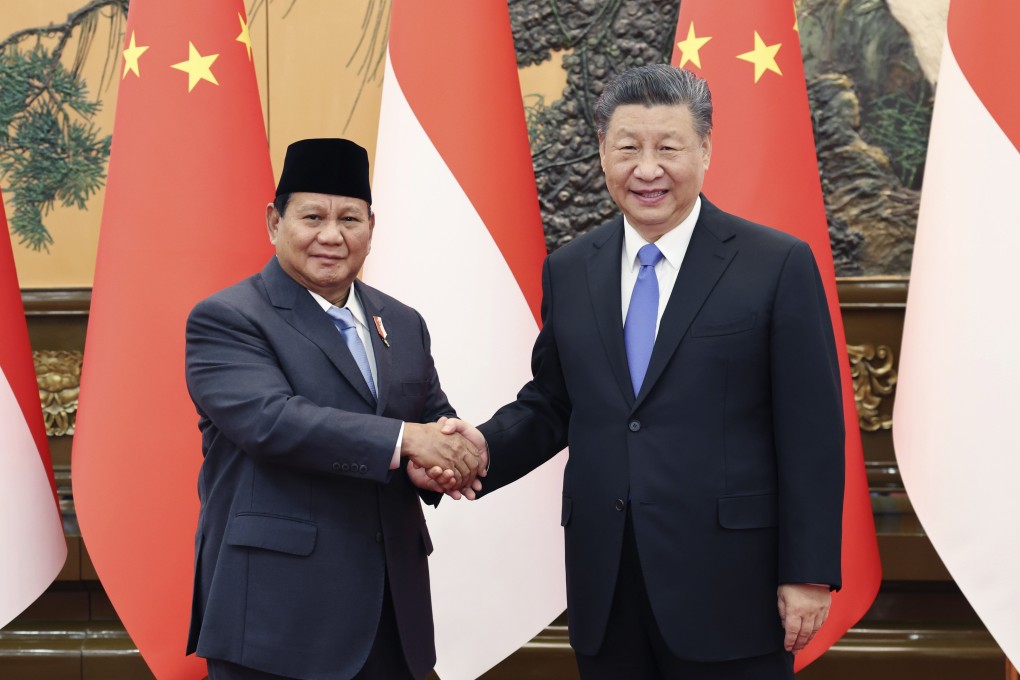 Chinese President Xi Jinping  shakes hands with then Indonesian President-elect Prabowo Subianto in Beijing on April 1. Photo: AP