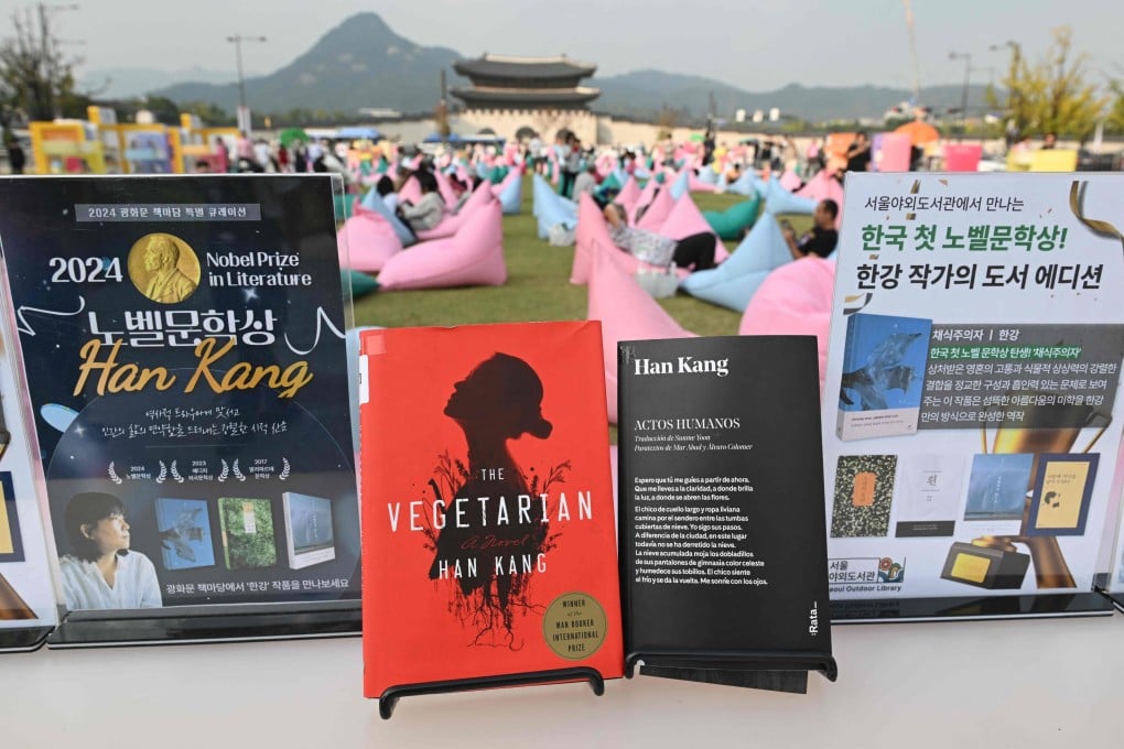 Books by South Korean author Han Kang on display at an outdoor library event in central Seoul on October 11. Photo: AFP