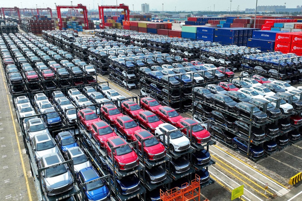 Electric vehicles by Chinese car maker BYD stacked and ready to be loaded on a ship at Suzhou Port, Jiangsu Province. Photo: AFP
