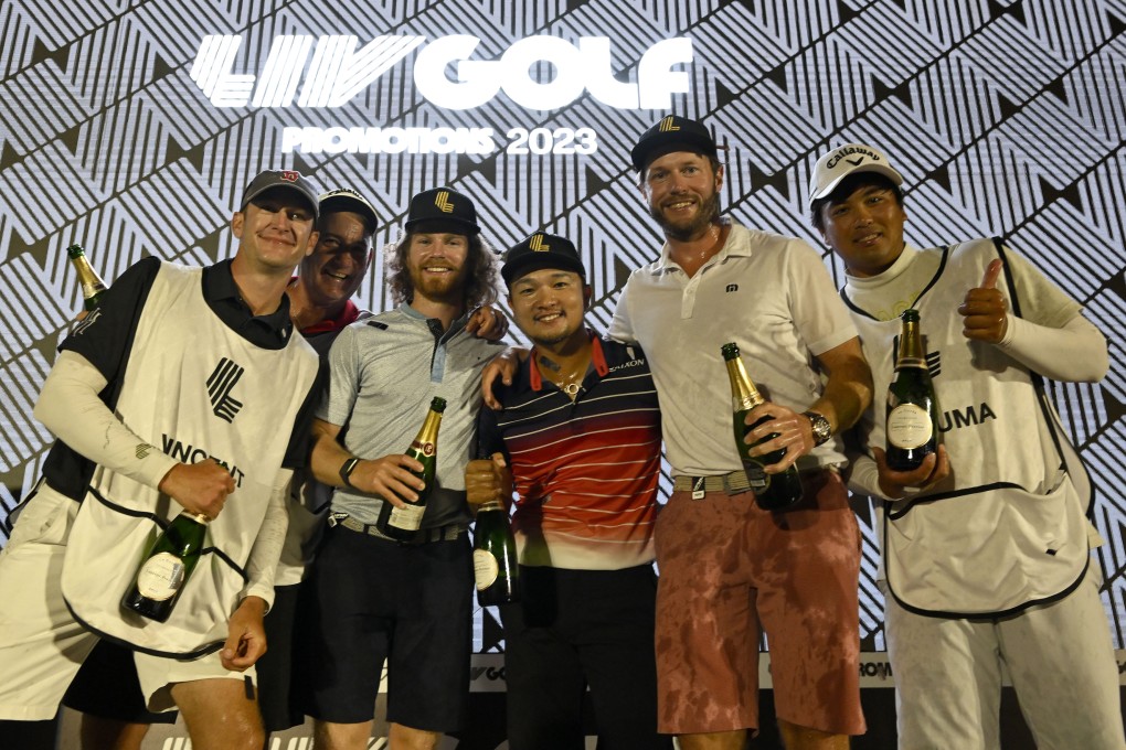 Kieran Vincent of Zimbabwe (third left) Jinchiro Kozuma and Kalle Samooja celebrate after the LIV Golf Promotions event at Abu Dhabi Golf Club. Photo: Asian Tour