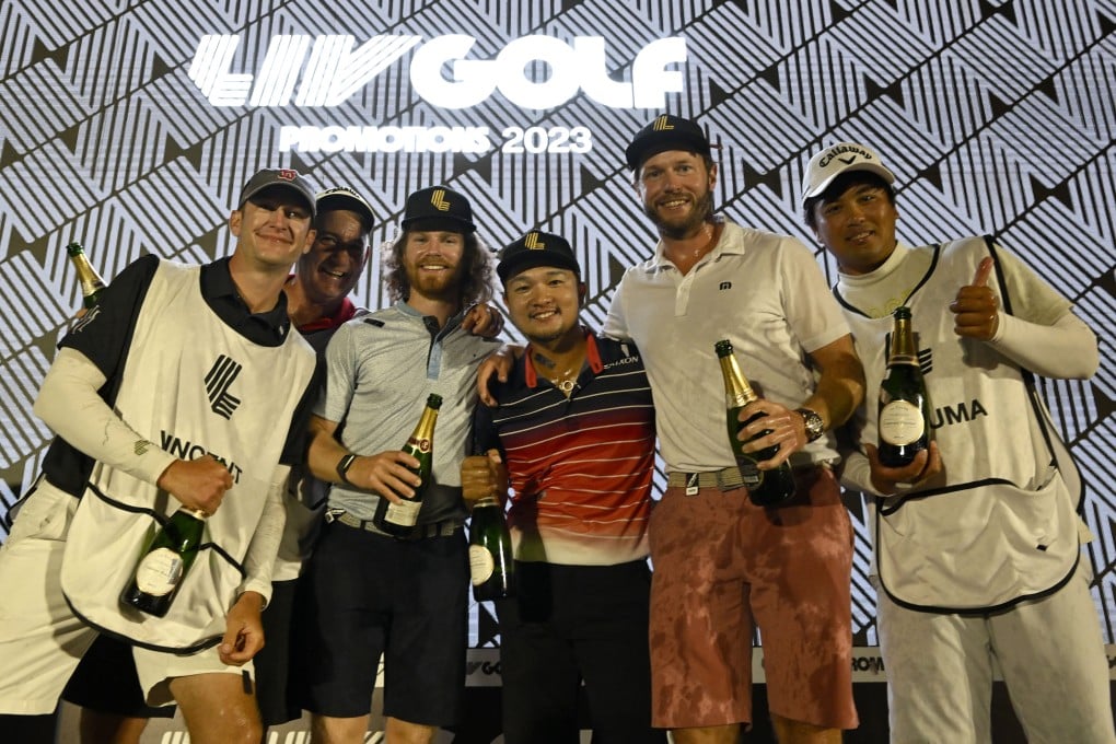 Kieran Vincent of Zimbabwe (third left) Jinchiro Kozuma and Kalle Samooja celebrate after the LIV Golf Promotions event at Abu Dhabi Golf Club. Photo: Asian Tour