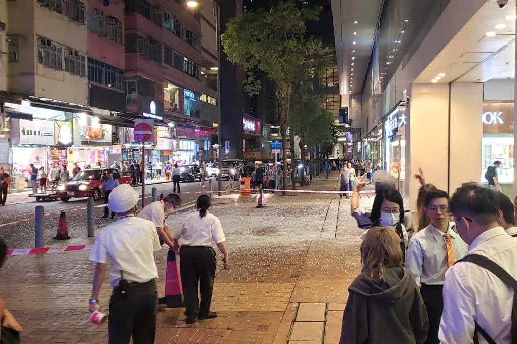 Shattered glass is spread across the pavement outside Citywalk in Tsuen Wan. Photo: Facebook/Jacko Tang