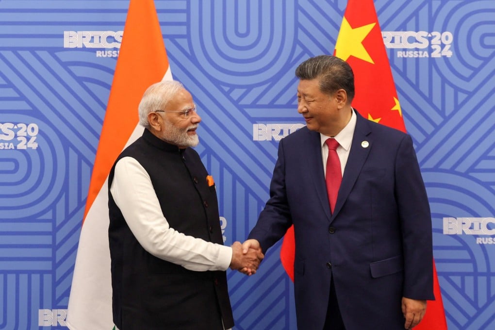 Indian Prime Minister Narendra Modi shakes hands with Chinese President Xi Jinping before their meeting on the sidelines of the Brics summit in Kazan, Russia, on Wednesday. Photo: India’s Press Information Bureau/Handout via Reuters
