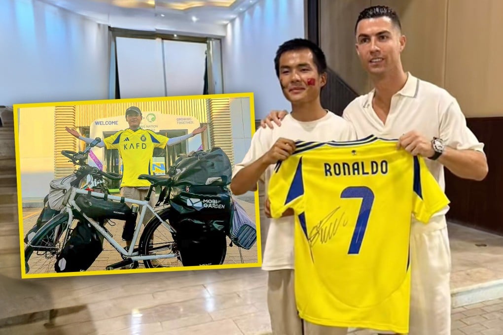 A devoted fan of football superstar Cristiano Ronaldo has cycled 13,000 kilometres to Saudi Arabia to meet his hero. Photo: SCMP composite/Douyin