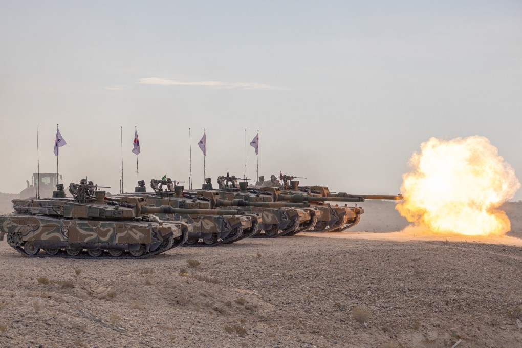 South Korean Army K2 tanks participate in a joint military drill with Qatari ground forces at the Al Qalayel training centre in Qatar on October 21.  Seoul is reshaping traditional power dynamics in military cooperation. Photo: Handout / EPA-EFE