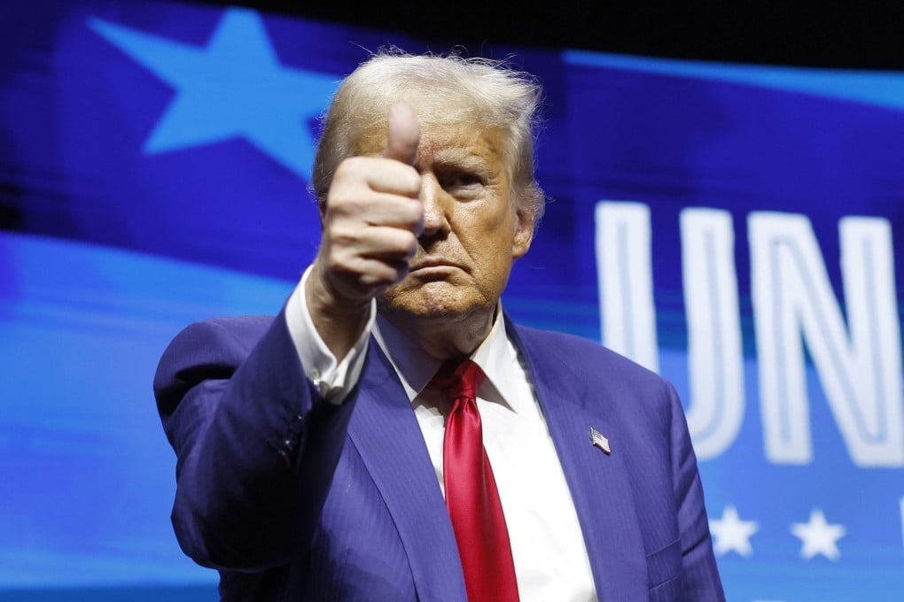 Republican presidential nominee, former US president Donald Trump, departs after speaking at a campaign rally on Thursday in Las Vegas. Photo: Getty Images via AFP