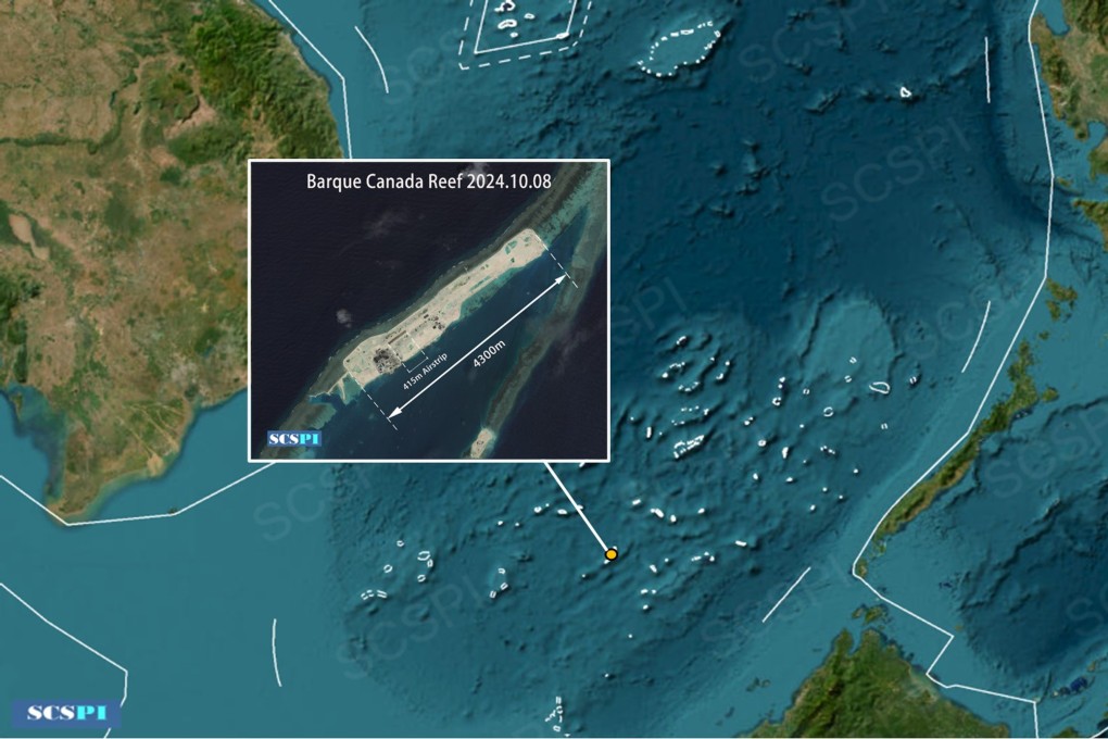 A Chinese think tank says Vietnam is rapidly building an airstrip on Barque Canada Reef, with more than 410 metres of runway already built. Photo: X/SCS_PI