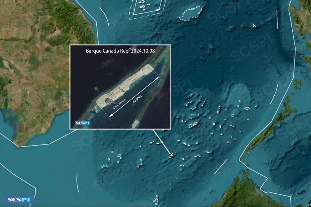 A Chinese think tank says Vietnam is rapidly building an airstrip on Barque Canada Reef, with more than 410 metres of runway already built. Photo: X/SCS_PI