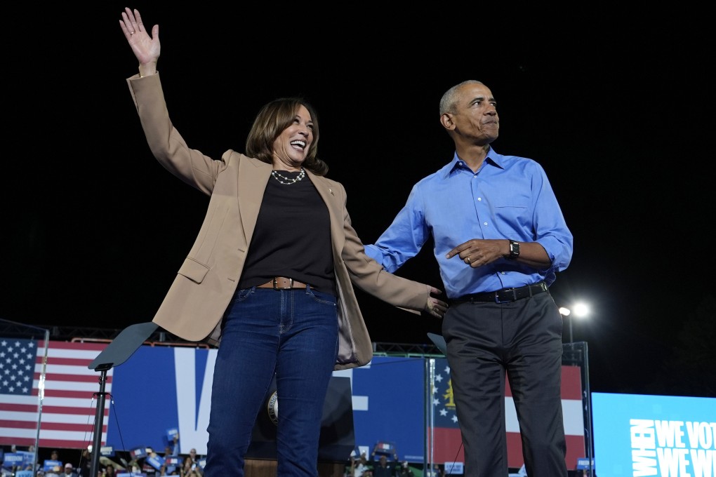 US Vice-President Kamala Harris and former president Barack Obama at a campaign rally in Clarkston, Georgia. Photo: AP