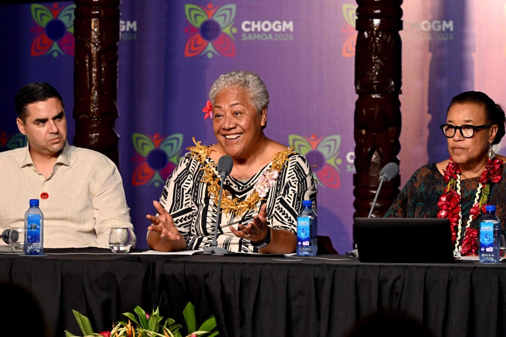 Malta’s Minister of Foreign Affairs Ian Borg (left), Samoa’s Prime Minister Fiame Naomi Mata’afa (centre) and Commonwealth Secretary General Patricia Scotland attend the final press conference at the Commonwealth Heads of Government Meeting (CHOGM) in Apia, Samoa on Saturday. Photo: AFP