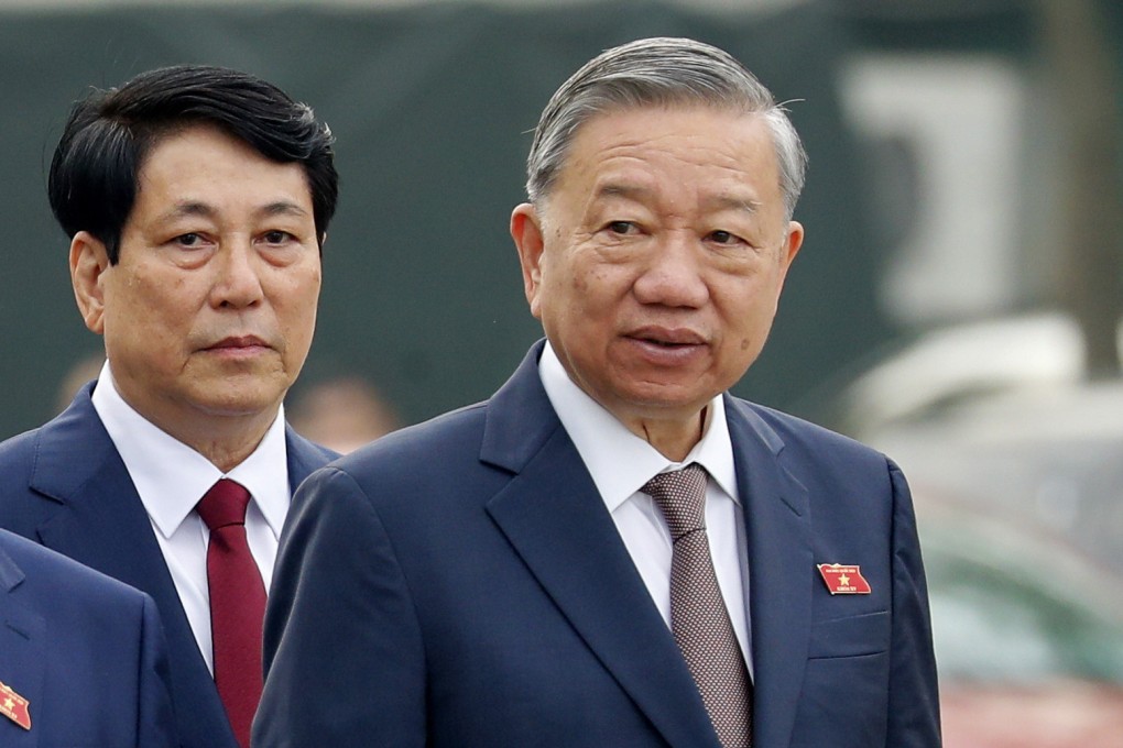 Vietnam’s newly elected president, Luong Cuong (left), and To Lam, general secretary of the Communist Party, are seen outside the National Assembly in Hanoi on October 21. Photo: AP