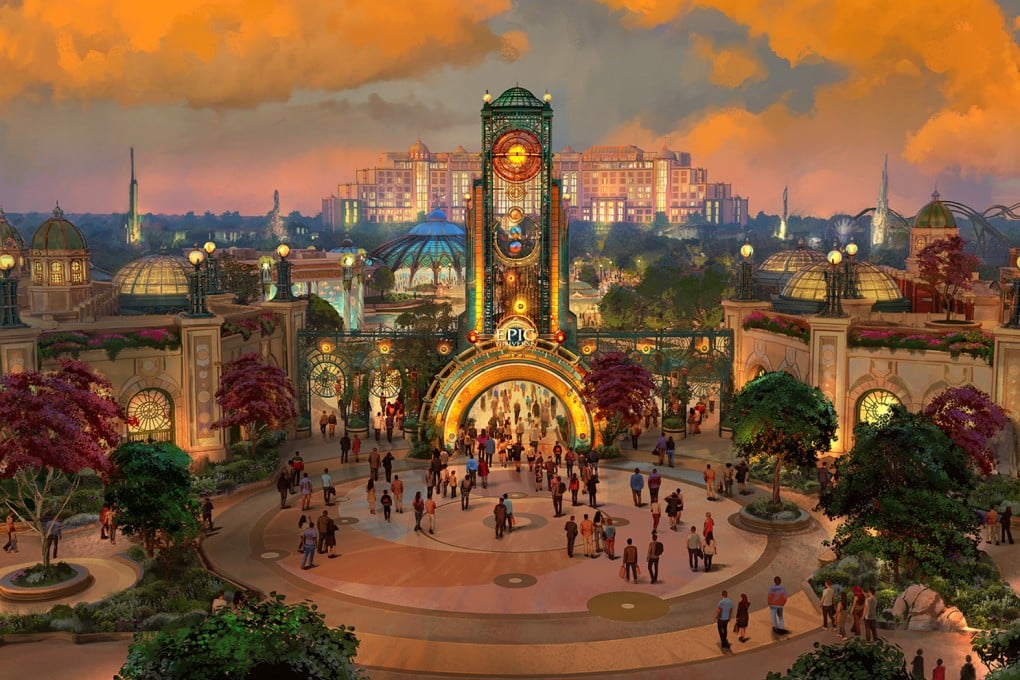 An artist’s rendering of Universal Epic Universe’s entrance. The theme park, opening in Orlando, Florida, in May 2025, will contain more than 50 themed attractions, from film franchises such as Harry Potter and How to Train Your Dragon. Photo: Universal Orlando/TNS