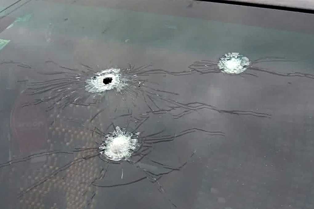 Bullet damage on a pickup truck in which former Bolivian president Evo Morales was traveling. Photo: Kawsachun Coca via AFP