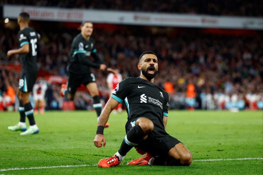 Liverpool’s Mohamed Salah celebrates scoring his side’s late equaliser against Arsenal. Photo: Reuters