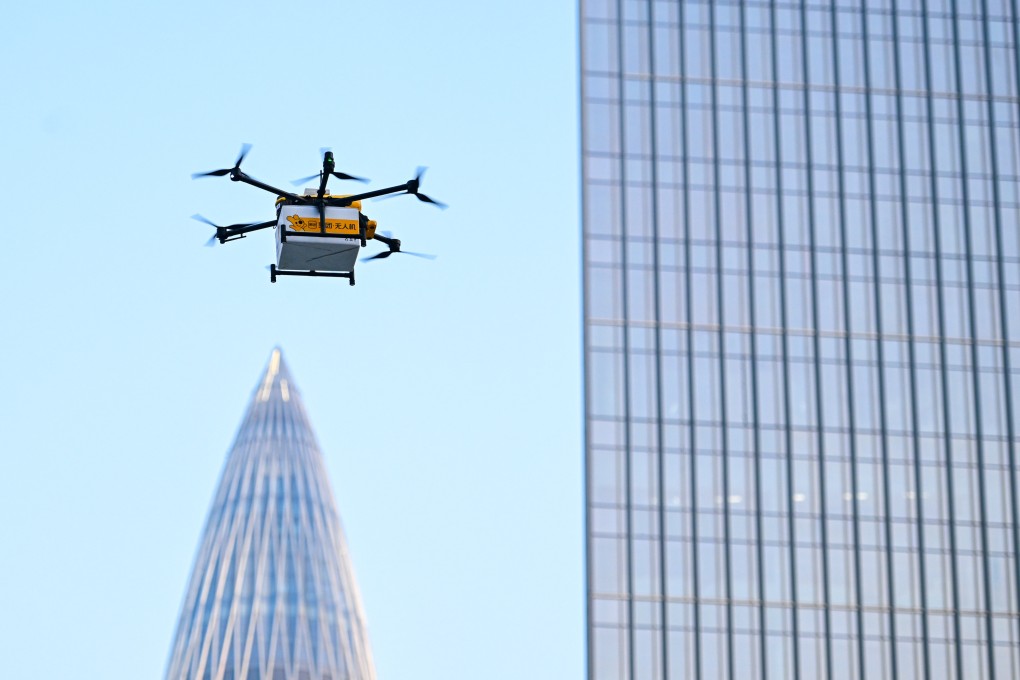A food delivery drone in Shenzhen. The low-altitude economy refers to activities in airspace below 1,000 metres. Photo: Xinhua