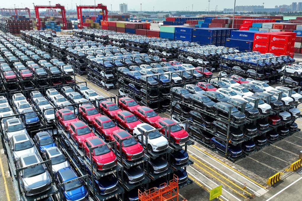 BYD electric cars waiting to be loaded on a ship stacked at the international container terminal in Suzhou, Jiangsu province, in September. Photo: AFP