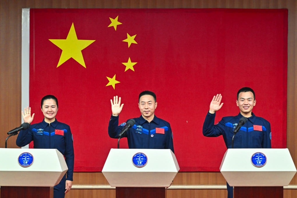 Chinese astronauts Cai Xuzhe (centre), Wang Haoze (left) and Song Lingdong are the crew for the Shenzhou-19 spaceflight mission. Photo: Xinhua